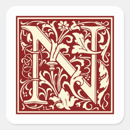 William Morris Letter N Monogram Initial Red Square Sticker