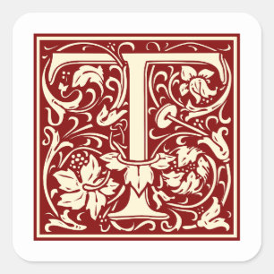 William Morris Letter T Monogram Initial Red Square Sticker