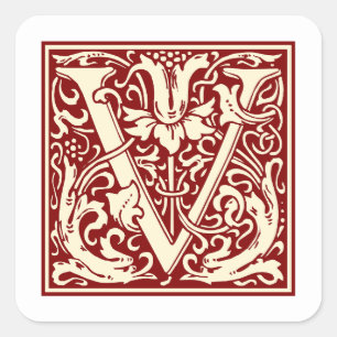 William Morris Letter V Monogram Initial Red Square Sticker