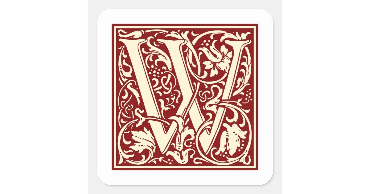 William Morris Letter W Monogram Initial Red Square Sticker | Zazzle
