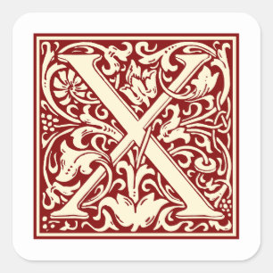 William Morris Letter X Monogram Initial Red Square Sticker