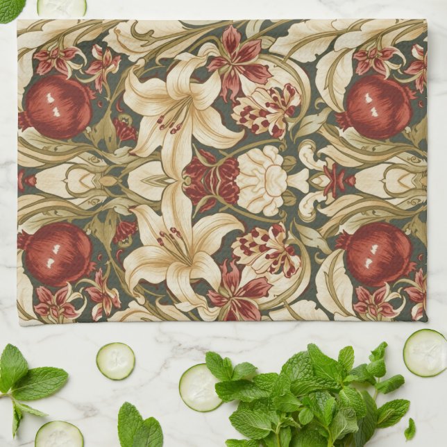 William Morris Lily and Pomegranate Floral pattern Kitchen Towel (Folded)