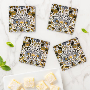 William Morris Lodden Floral Pattern: Blue Gold Coaster Set