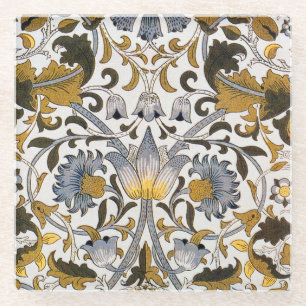 William Morris Lodden Floral Pattern: Blue Gold Glass Coaster