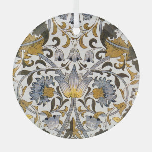 William Morris Lodden Floral Pattern: Blue Gold  Glass Ornament