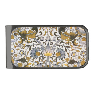 William Morris Lodden Floral Pattern: Blue Gold Gunmetal Finish Money Clip