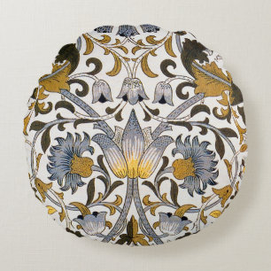 William Morris Lodden Floral Pattern: Blue Gold  Round Pillow