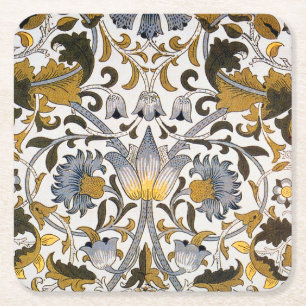 William Morris Lodden Floral Pattern: Blue Gold Square Paper Coaster