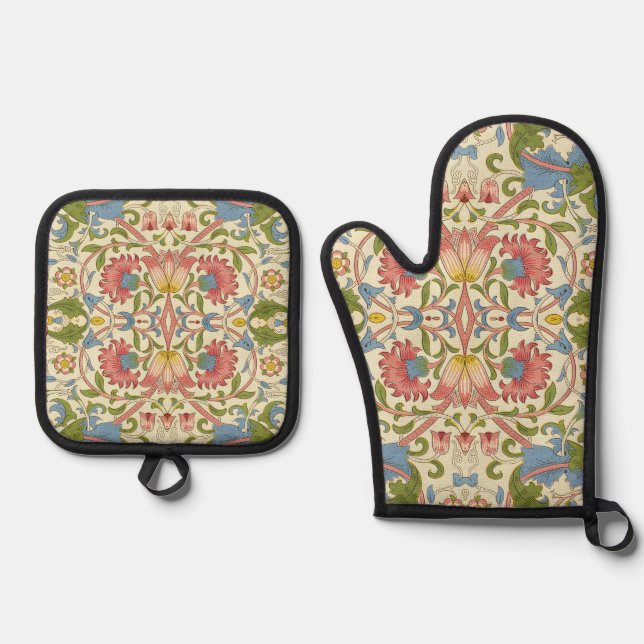 William Morris Loddon Blossom Floral Patterns Oven Mitt & Pot Holder Set (Front)