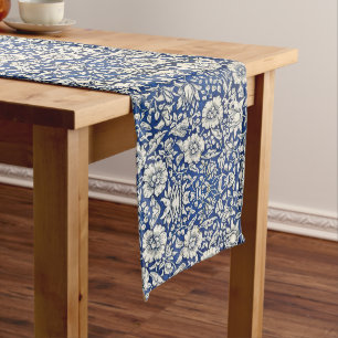 William Morris Mallow Flowers Floral Blue White Long Table Runner