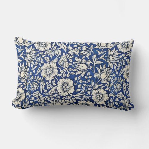 William Morris Mallow Flowers Floral Blue White  Lumbar Pillow