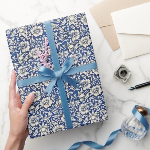 William Morris Mallow Flowers Floral Blue White Wrapping Paper