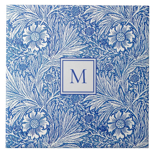 William Morris Marigold Blue Monogram Ceramic Tile (Front)