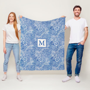 William Morris Marigold Blue Monogram Fleece Blanket