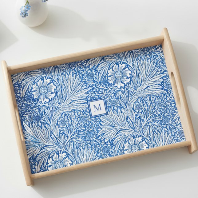 William Morris Marigold Blue Monogram serving tray (elegant vintage William Morris Marigold blue and white floral tray with custom monogrammed initial)