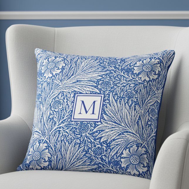 William Morris Marigold Blue Monogram Throw Pillow (elegant vintage William Morris Marigold blue white floral throw pillow with custom monogram initial)