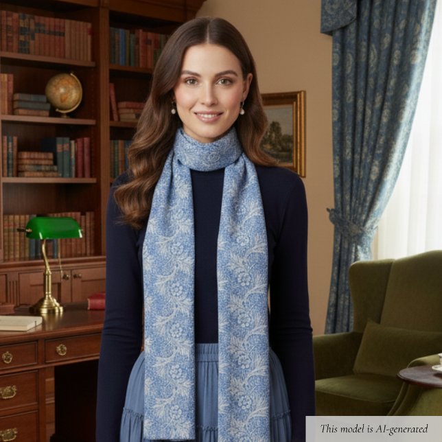 William Morris Marigold Blue Scarf (elegant blue and white vintage William Morris floral scarf with blue and white pattern, gift for her)