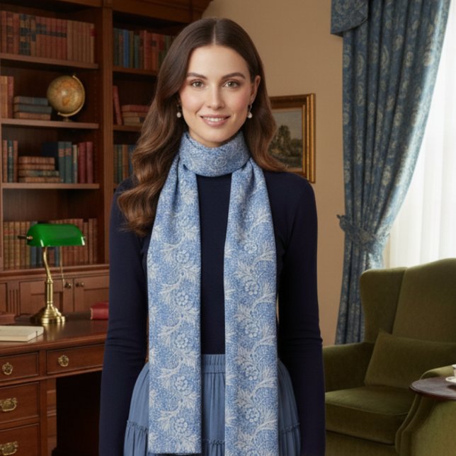 William Morris Marigold Blue Scarf (elegant blue and white vintage William Morris floral scarf with blue and white pattern, gift for her)