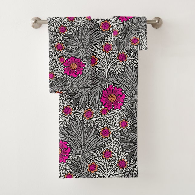 William Morris Marigold, Gray / Grey, and Fuchsia Bath Towel Set (Insitu)