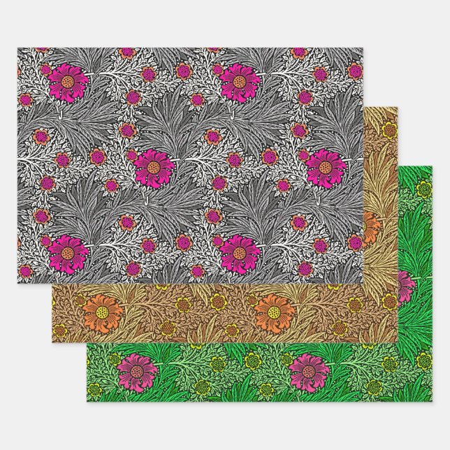 William Morris Marigold, Green, Brown & Gray  Wrapping Paper Sheets (Set)