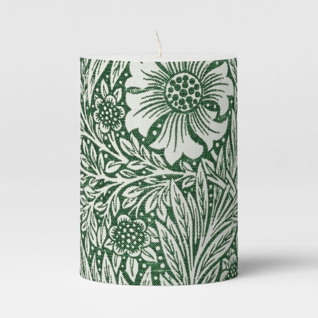 william morris marigold green floral flower pillar candle (Front)