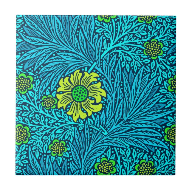 William Morris Marigold, Turquoise & Cobalt Blue Ceramic Tile (Front)