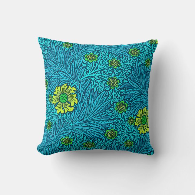 William Morris Marigold, Turquoise & Cobalt Blue Throw Pillow (Front)