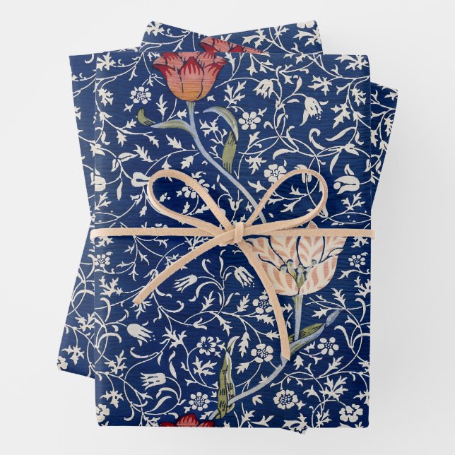 William Morris Medway Blue Floral Wrapping Paper Sheets (In situ)
