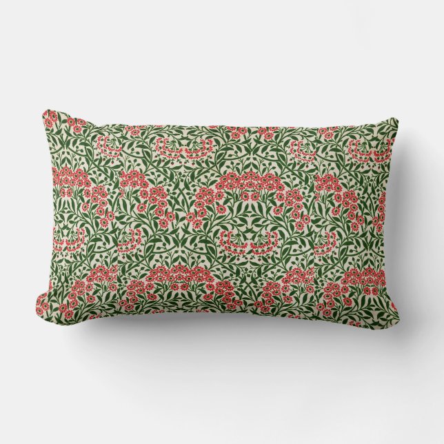 William Morris Michaelmas Daisy Flowers Pink Green Lumbar Pillow (Front)