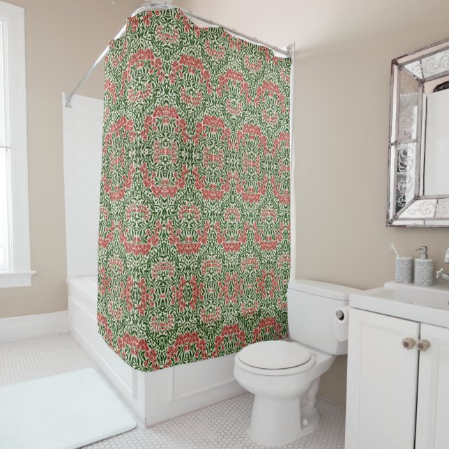 William Morris Michaelmas Daisy Flowers Pink Green Shower Curtain (In Situ)