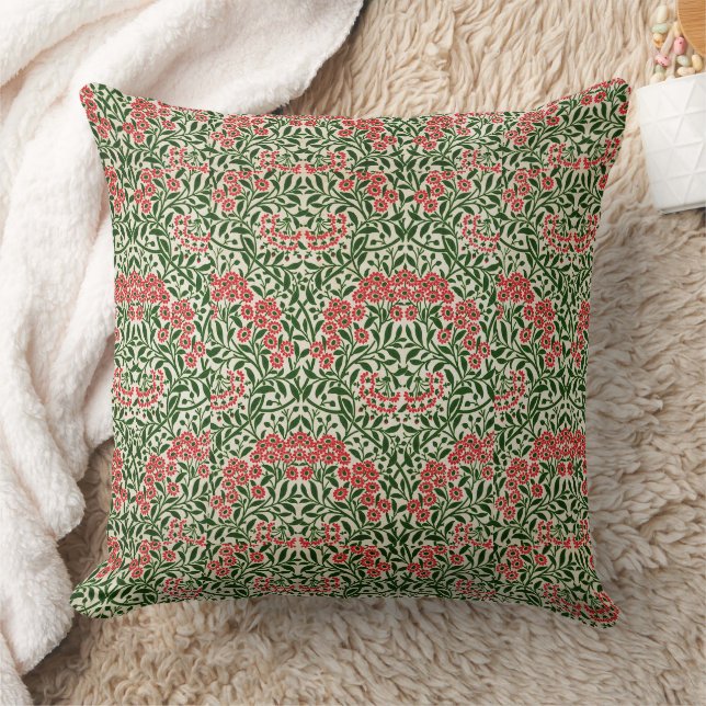 William Morris Michaelmas Daisy Flowers Pink Green Throw Pillow (Blanket)