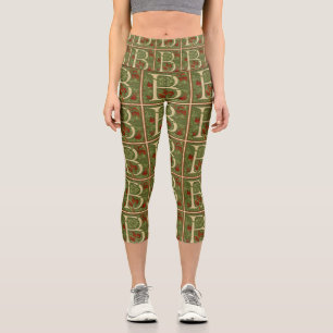 William Morris Monogram Letter B Floral Red Green Capri Leggings