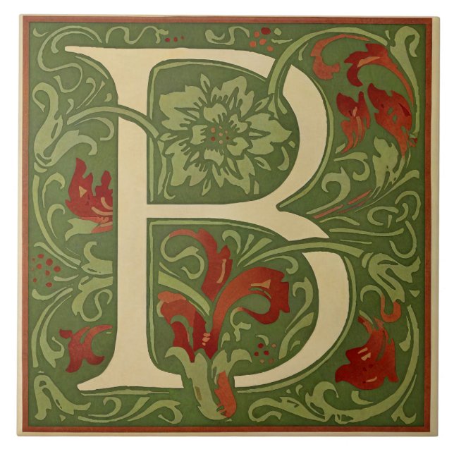 William Morris Monogram Letter B Floral Red Green Ceramic Tile (Front)