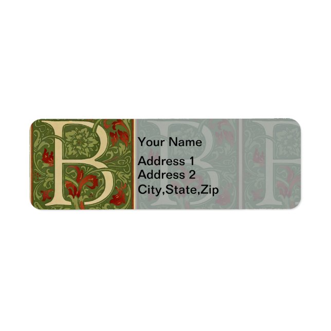 William Morris Monogram Letter B Floral Red Green Label (Front)