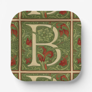 William Morris Monogram Letter B Floral Red Green Paper Plates