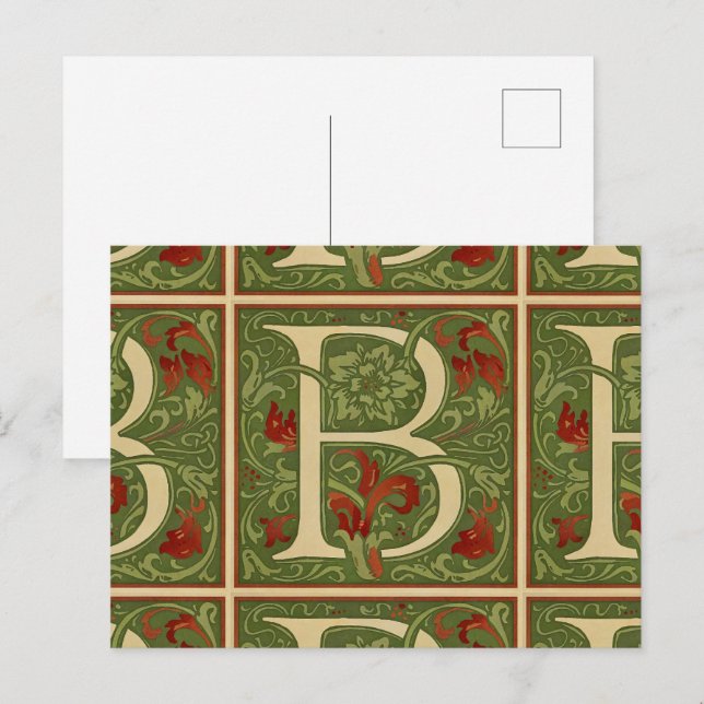 William Morris Monogram Letter B Floral Red Green Postcard (Front/Back)