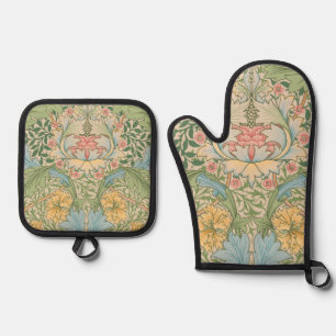 William Morris Myrtle Flower Floral Botanical Oven Mitt & Pot Holder Set