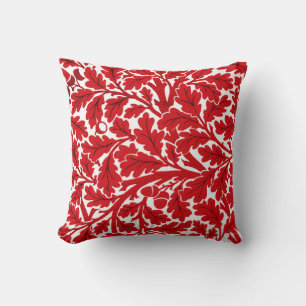 William Morris Oak Leaves, Deep Red and White Throw Pillow