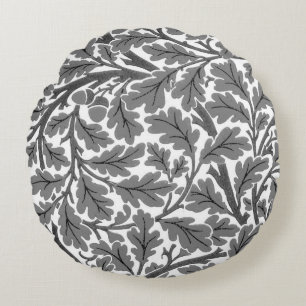 William Morris Oak Leaves, Gray / Grey and White Round Pillow