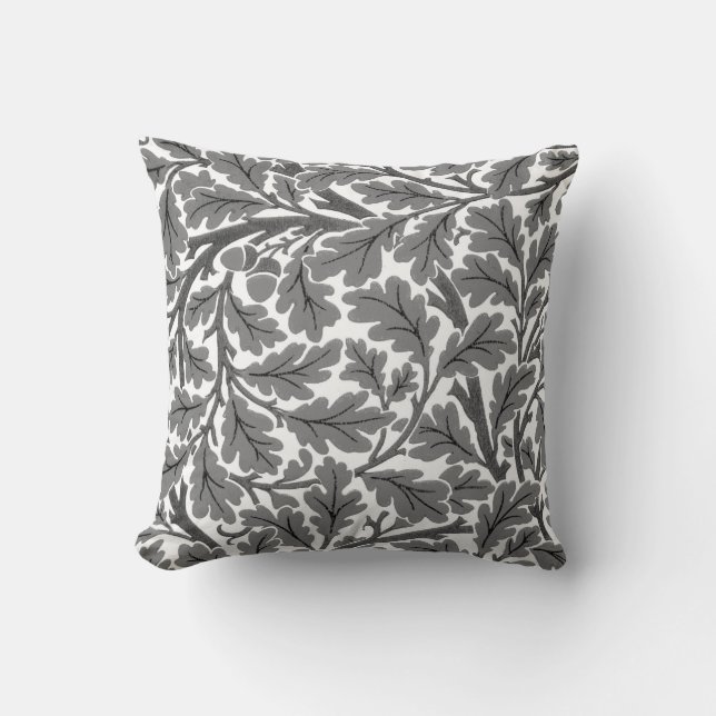William Morris Oak Leaves, Gray / Grey and White Throw Pillow (Front)