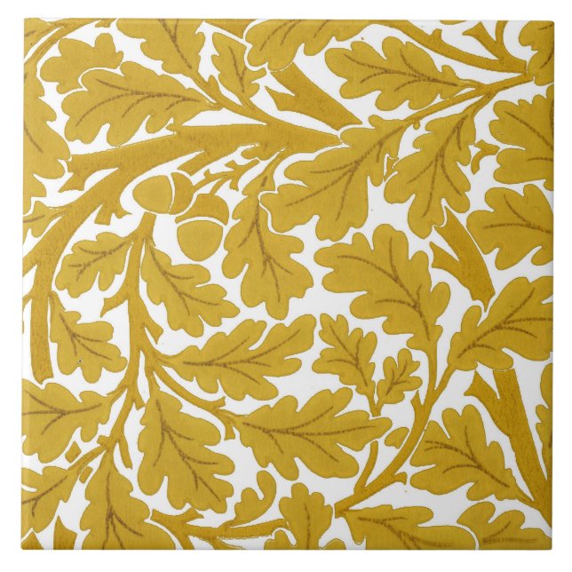 William Morris Oak Leaves, Mustard Yellow & White Ceramic Tile (Front)