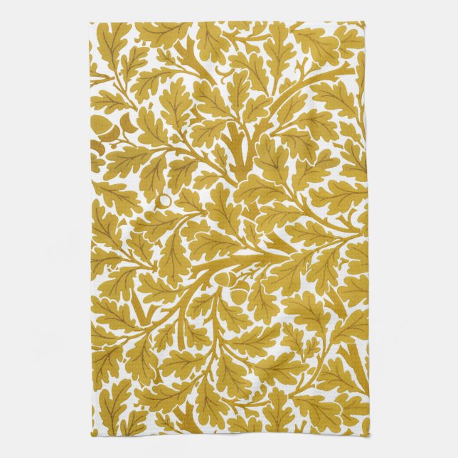 William Morris Oak Leaves, Mustard Yellow & White Kitchen Towel (Vertical)