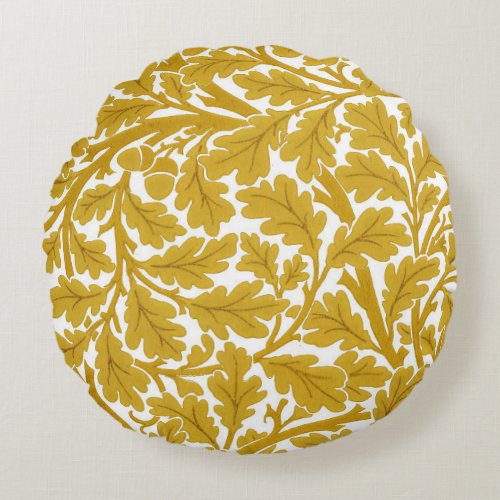 William Morris Oak Leaves Mustard Yellow  White Round Pillow