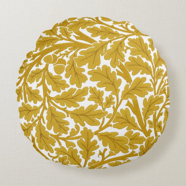 William Morris Oak Leaves, Mustard Yellow & White Round Pillow (Front)