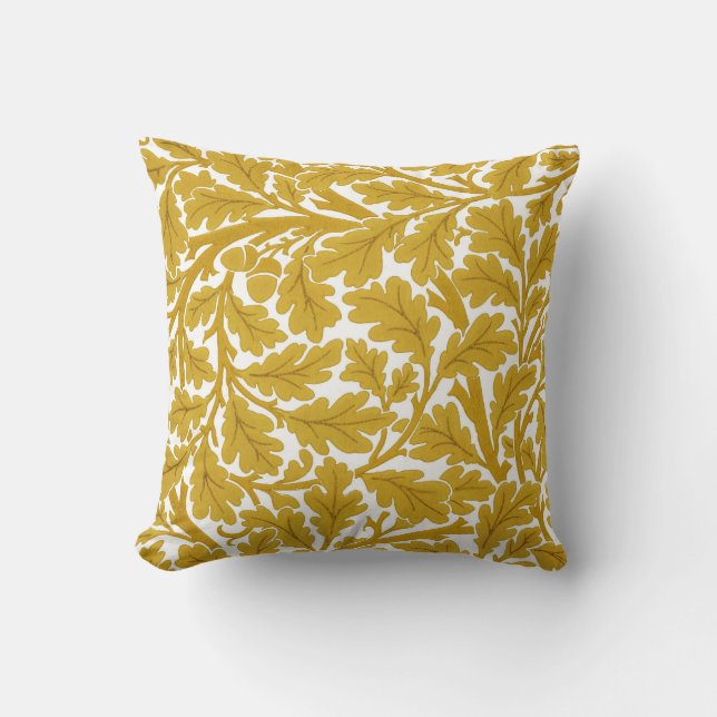 William Morris Oak Leaves, Mustard Yellow & White Throw Pillow (Front)