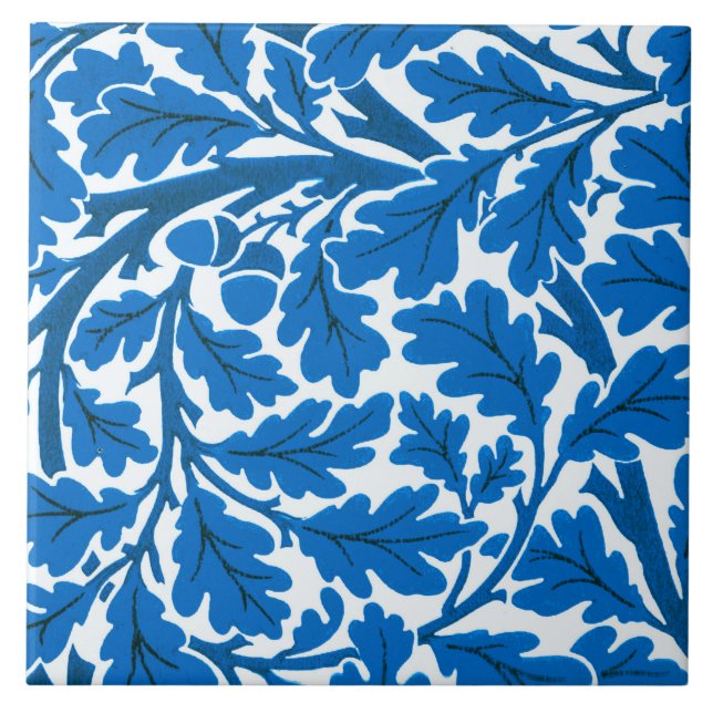 William Morris Oak Leaves, Sapphire Blue and White Ceramic Tile (Front)