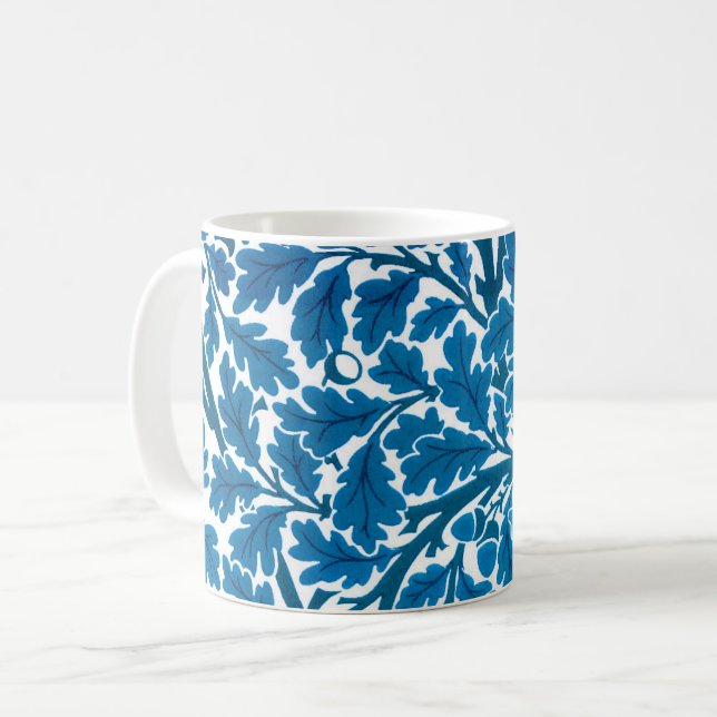 William Morris Oak Leaves, Sapphire Blue and White Coffee Mug (Front Left)