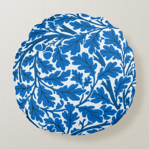 William Morris Oak Leaves Sapphire Blue and White Round Pillow