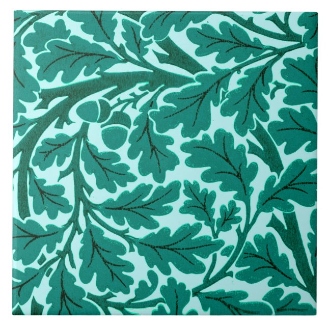 William Morris Oak Leaves, Turquoise & Aqua Ceramic Tile (Front)