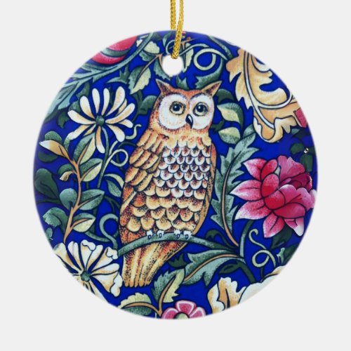 William Morris Owl Tapestry Beige and Blue Round Ceramic Ornament